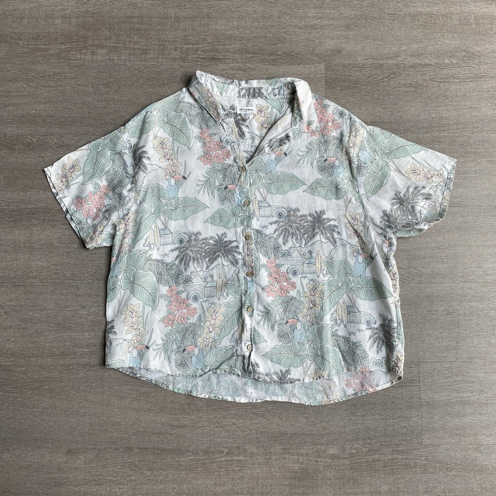 Artisan NY 100% Linen Tropical Print Palms Short Sleeve Button Up Collared Large